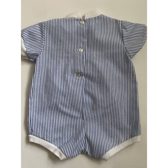 Vintage Newborn Baby Blue Seersucker One Piece Romper Embroidered With Ducks - Picture 3 of 5
